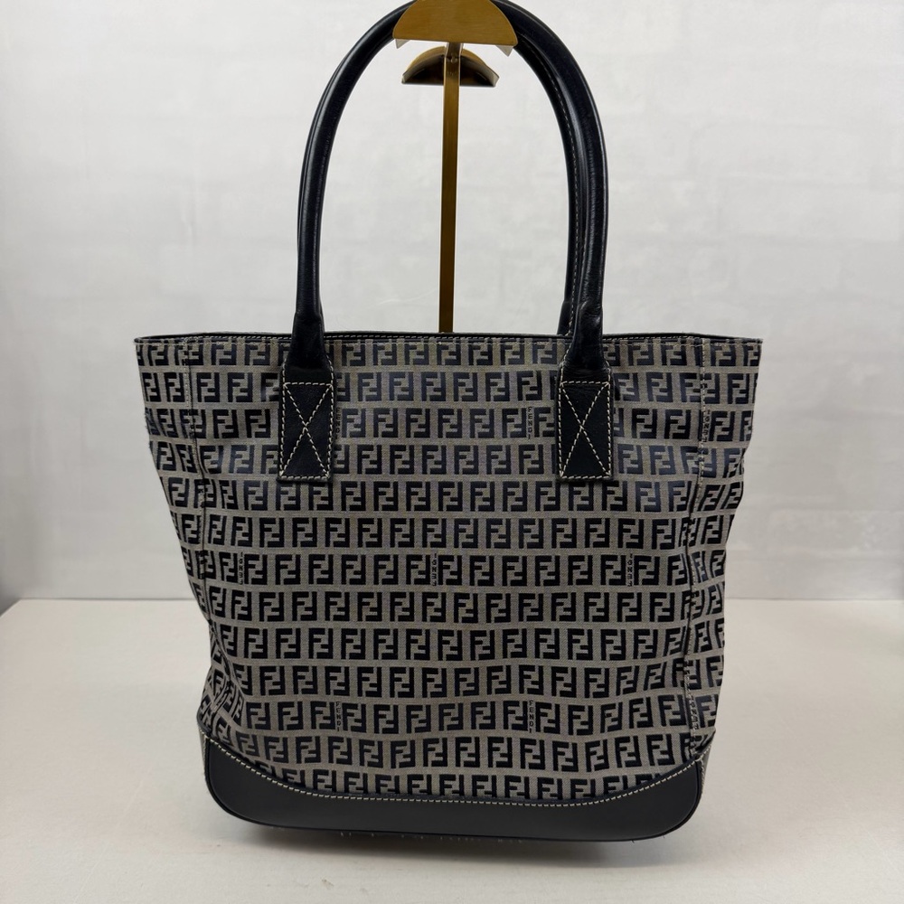 Fendi Zucca Canvas Tote Bag with Leather Trim Navy & Gray